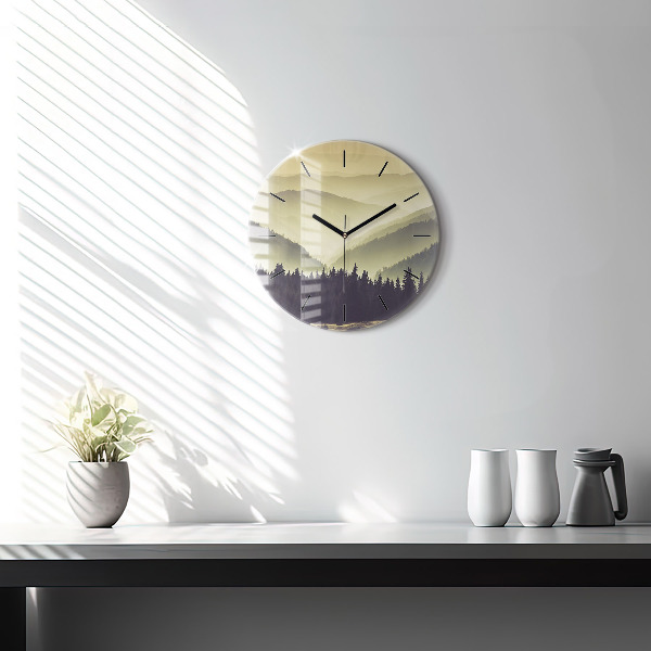 Round glass wall clock Misty mountain slopes