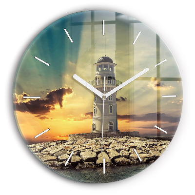 Round glass wall clock Lighthouse on the water