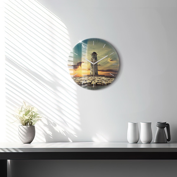 Round glass wall clock Lighthouse on the water