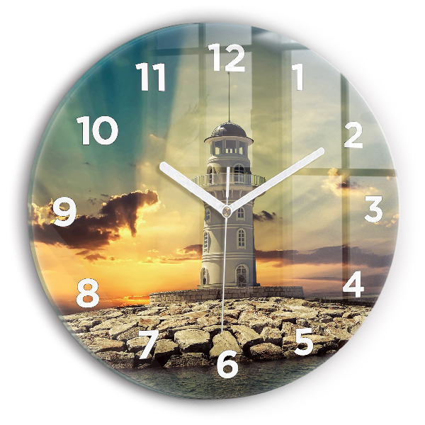 Round glass wall clock Lighthouse on the water