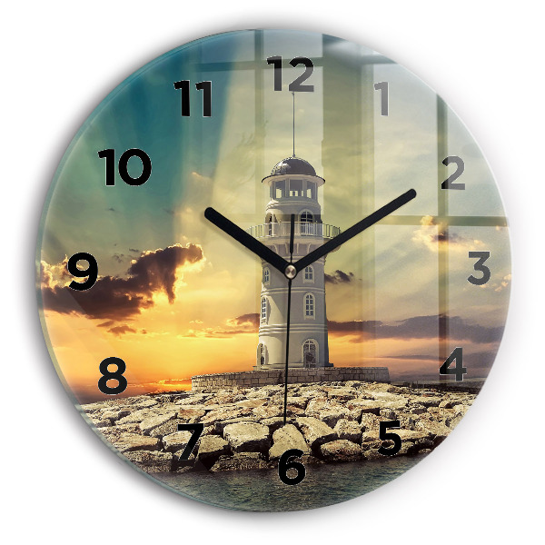 Round glass wall clock Lighthouse on the water
