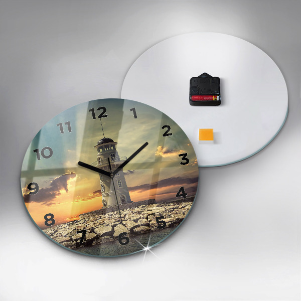 Round glass wall clock Lighthouse on the water