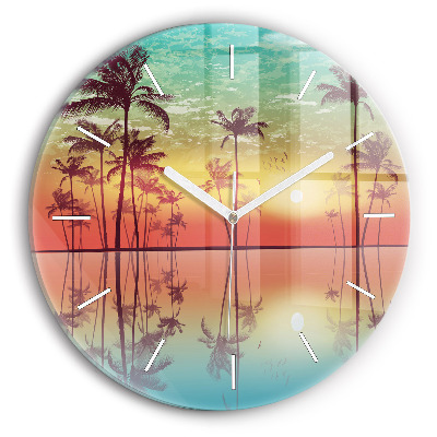 Round glass wall clock Tropical palm trees