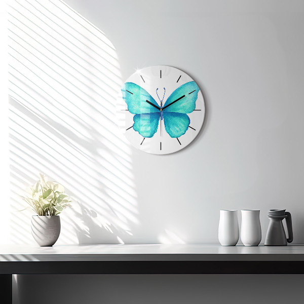 Round glass wall clock Turquoise Summer Butterfly