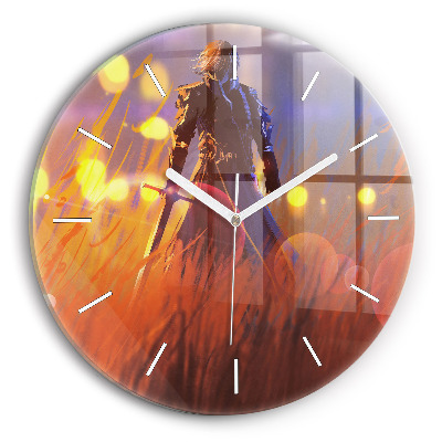 Round glass wall clock Knight with a sword