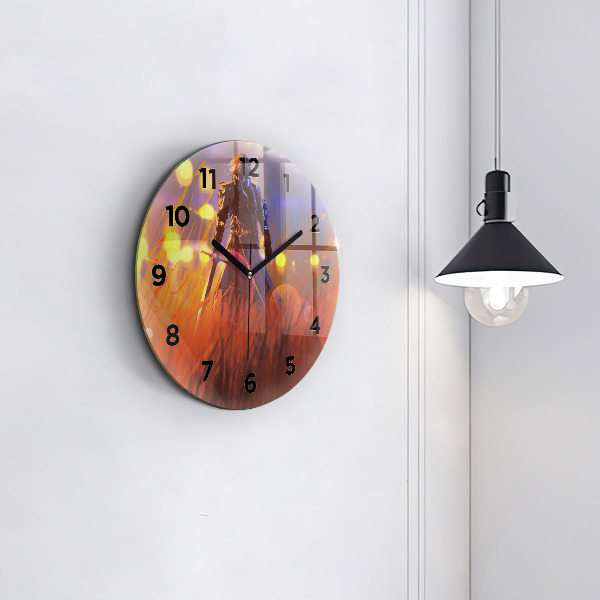 Round glass wall clock Knight with a sword