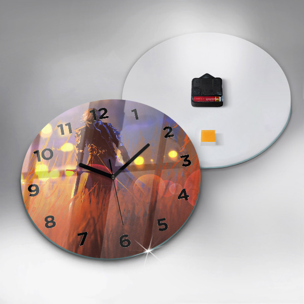 Round glass wall clock Knight with a sword