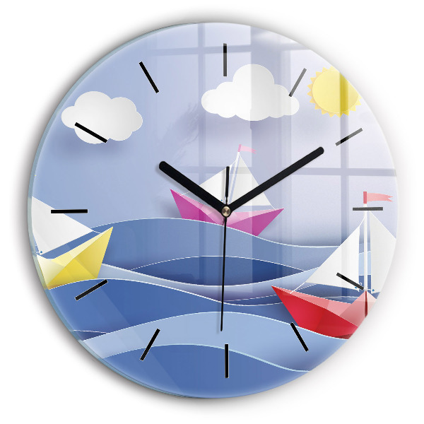 Round glass wall clock Origami colorful sailboats