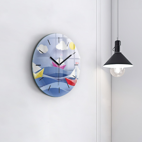 Round glass wall clock Origami colorful sailboats
