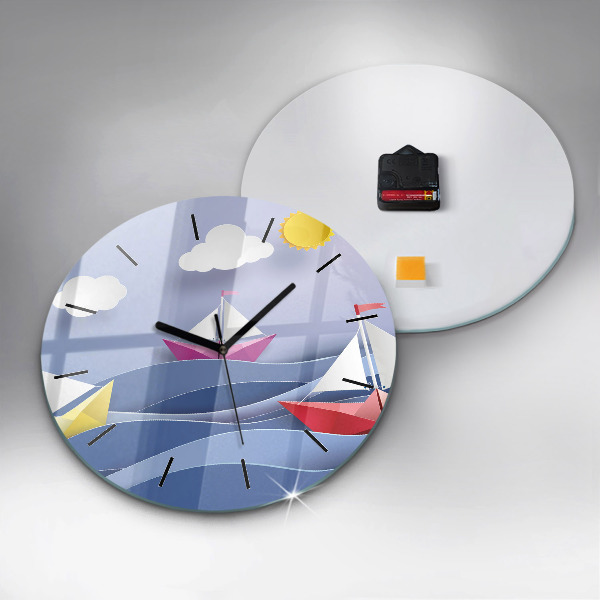 Round glass wall clock Origami colorful sailboats