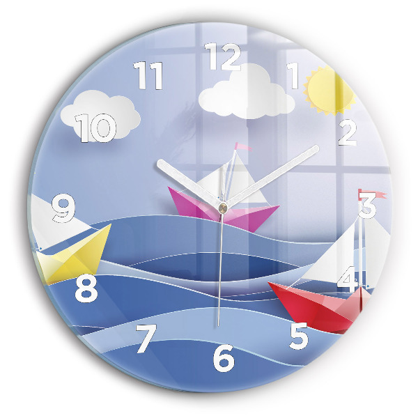 Round glass wall clock Origami colorful sailboats