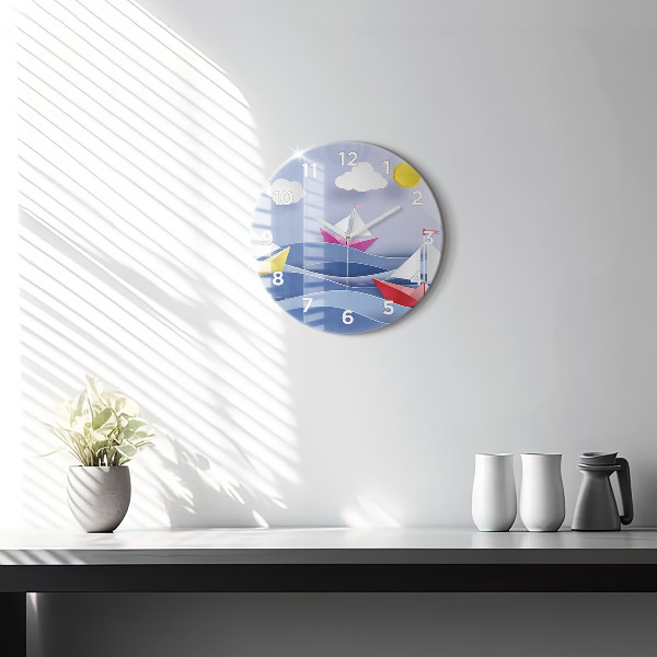 Round glass wall clock Origami colorful sailboats