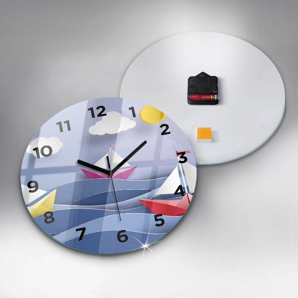 Round glass wall clock Origami colorful sailboats
