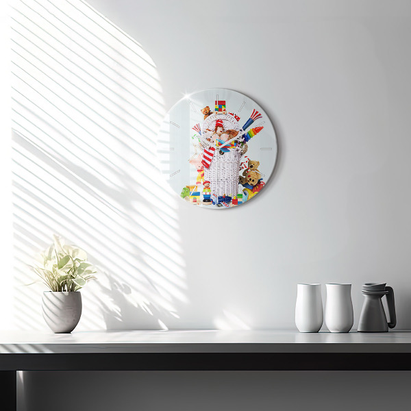 Round glass wall clock Wicker basket with toys