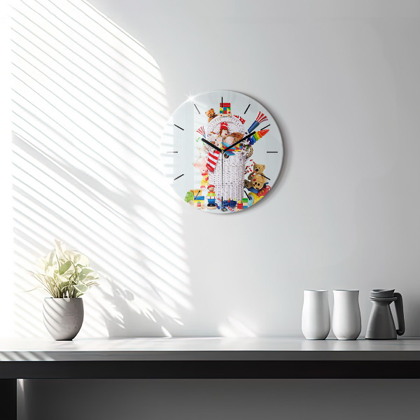 Round glass wall clock Wicker basket with toys