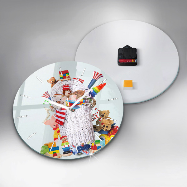 Round glass wall clock Wicker basket with toys