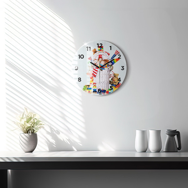Round glass wall clock Wicker basket with toys