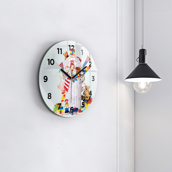 Round glass wall clock Wicker basket with toys