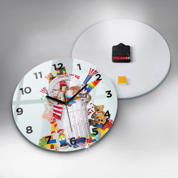 Round glass wall clock Wicker basket with toys