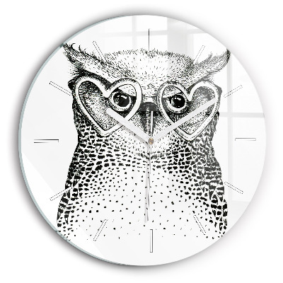 Round glass wall clock Drawn owl with glasses