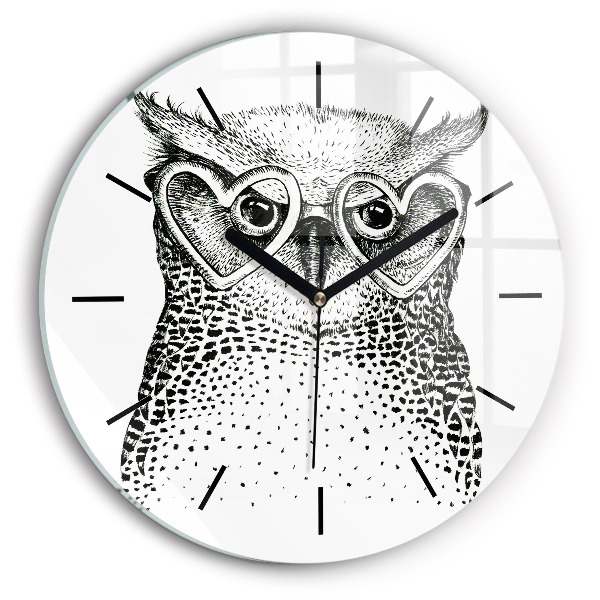 Round glass wall clock Drawn owl with glasses