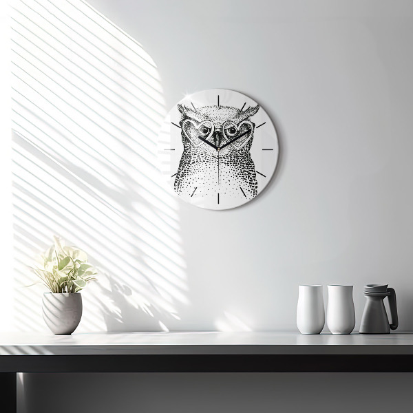 Round glass wall clock Drawn owl with glasses