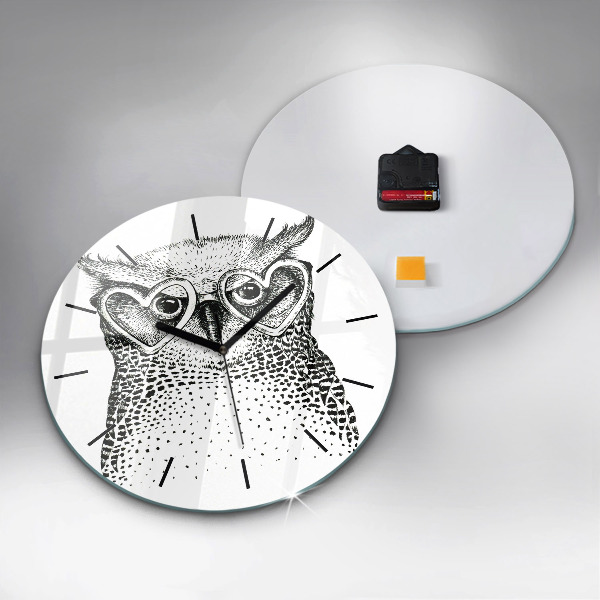 Round glass wall clock Drawn owl with glasses