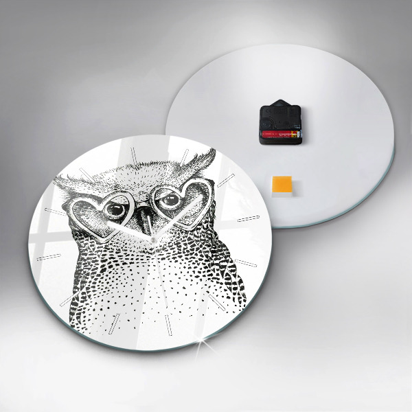 Round glass wall clock Drawn owl with glasses