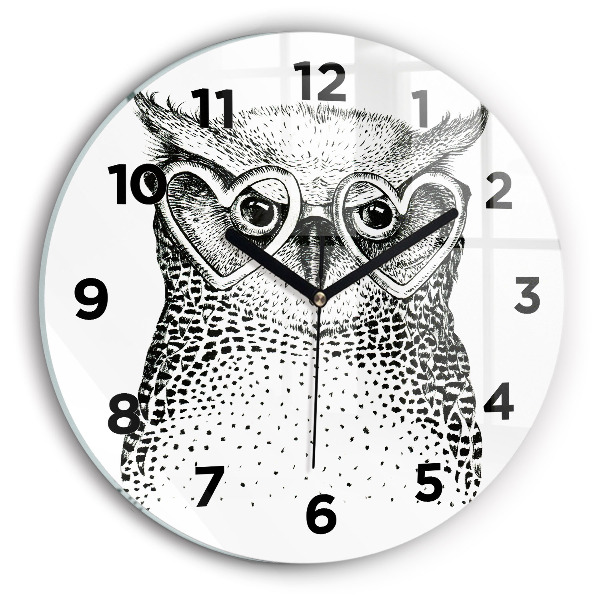 Round glass wall clock Drawn owl with glasses