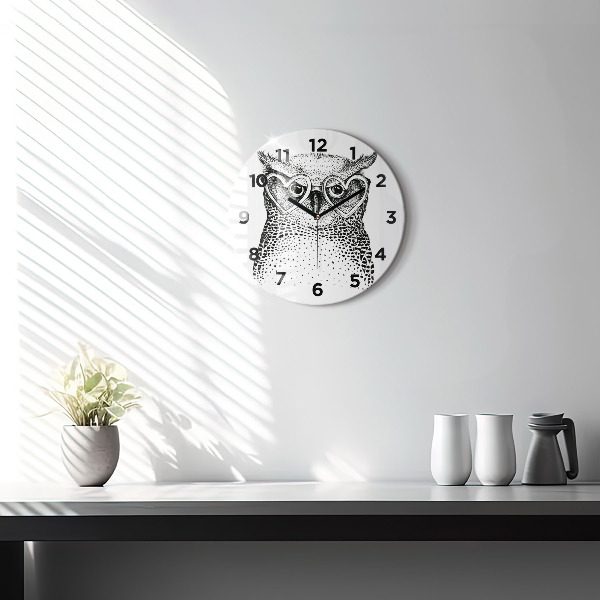Round glass wall clock Drawn owl with glasses