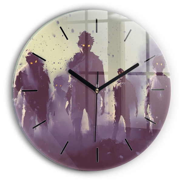 Round glass wall clock Zombies at night - halloween