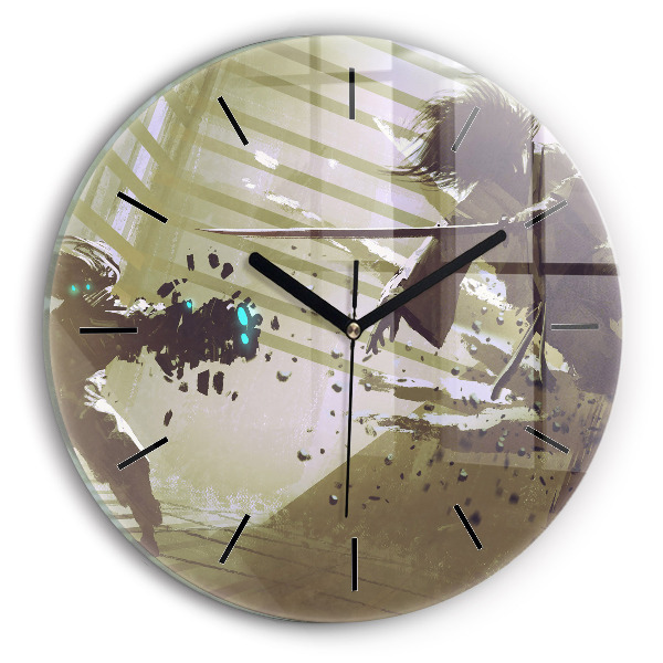 Round glass wall clock Robot vs Samurai Fight