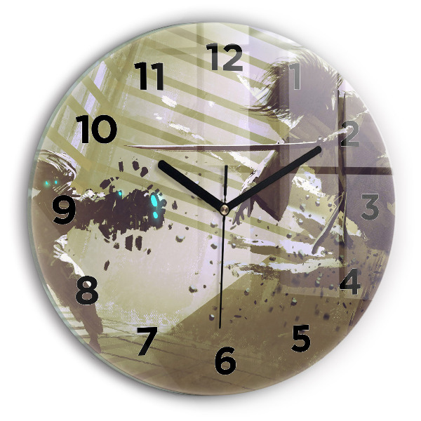 Round glass wall clock Robot vs Samurai Fight