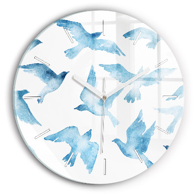 Round glass wall clock Flying blue birds