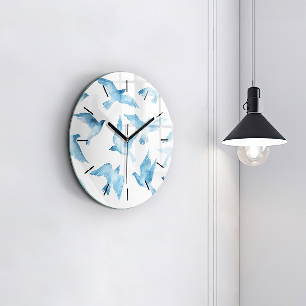 Round glass wall clock Flying blue birds