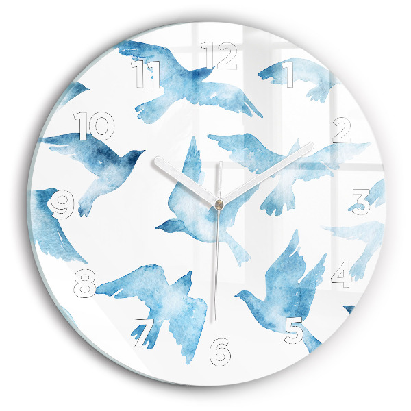 Round glass wall clock Flying blue birds