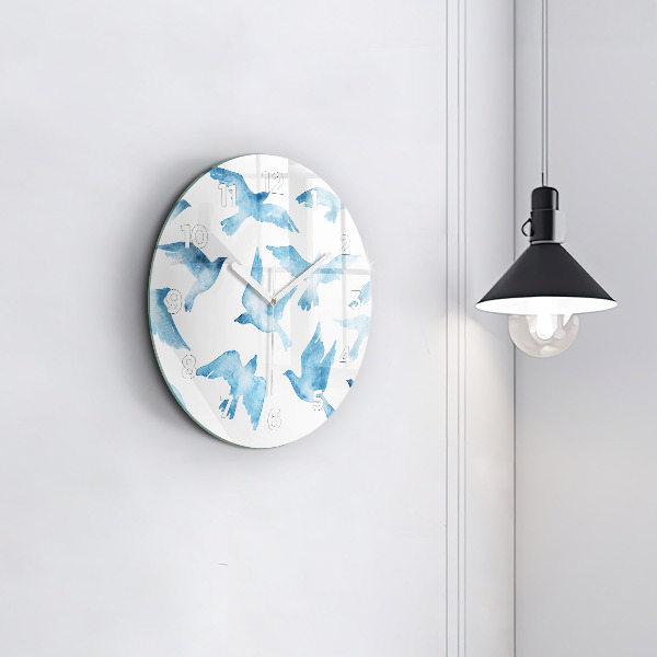 Round glass wall clock Flying blue birds