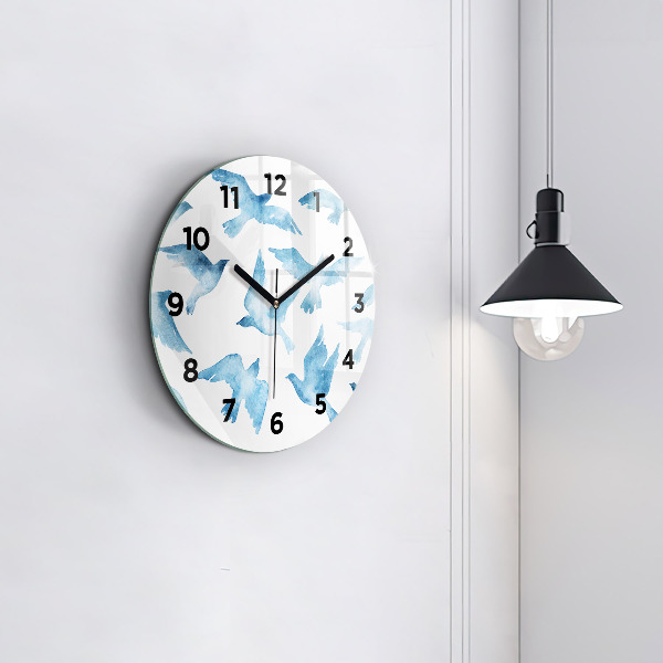 Round glass wall clock Flying blue birds