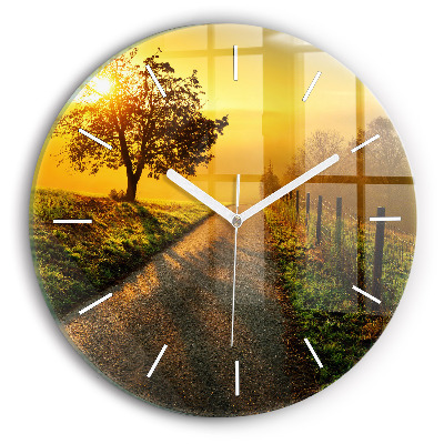 Round glass wall clock Fog at sunrise