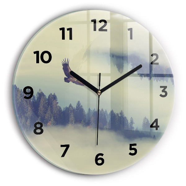 Round glass wall clock Misty forest eagle