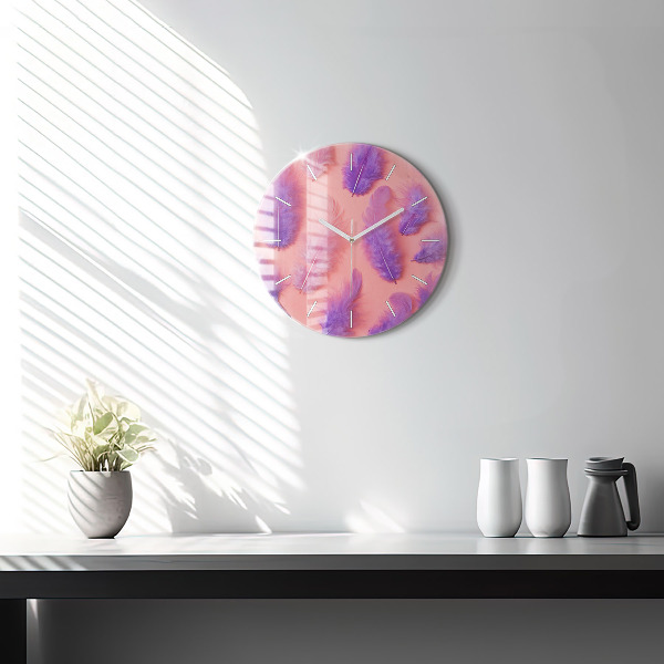 Round glass wall clock Colorful feathers
