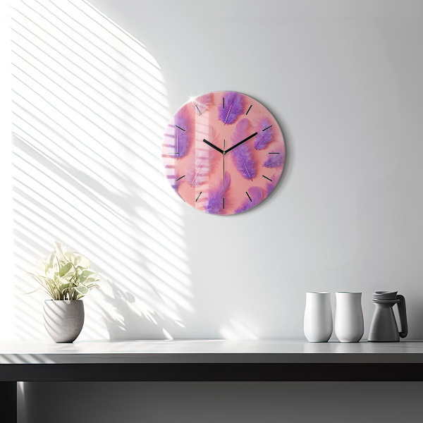 Round glass wall clock Colorful feathers