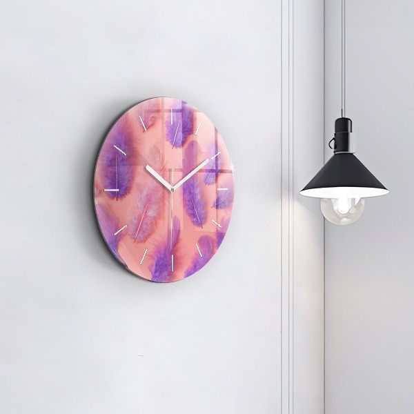 Round glass wall clock Colorful feathers