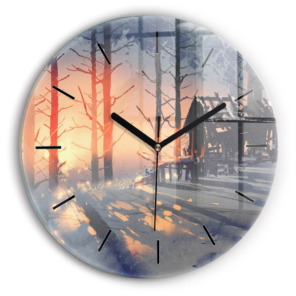 Round glass wall clock Winter Tree Landscape