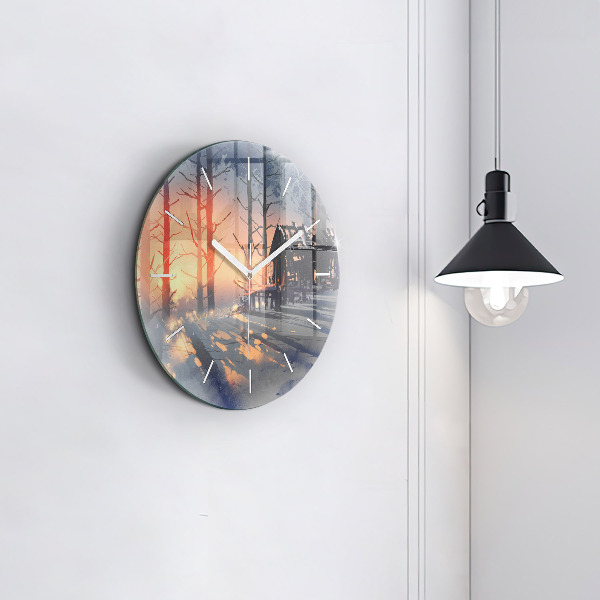 Round glass wall clock Winter Tree Landscape