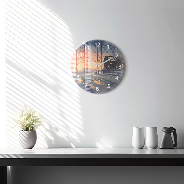 Round glass wall clock Winter Tree Landscape
