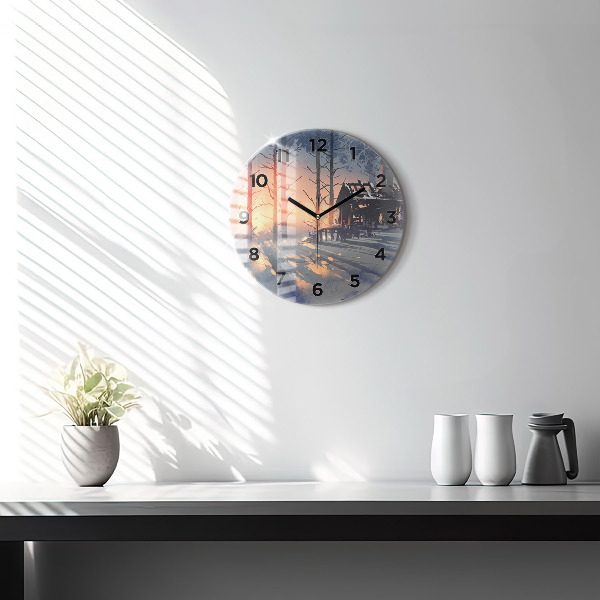 Round glass wall clock Winter Tree Landscape