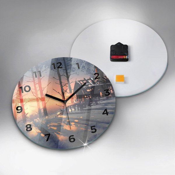 Round glass wall clock Winter Tree Landscape