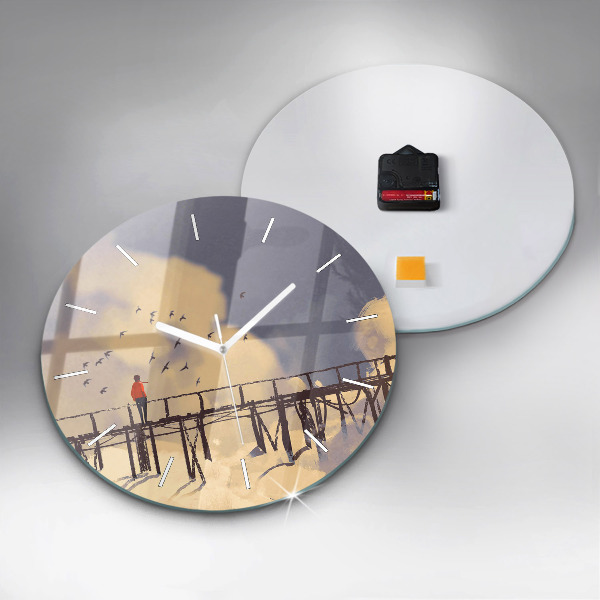 Round glass wall clock Man on the old bridge