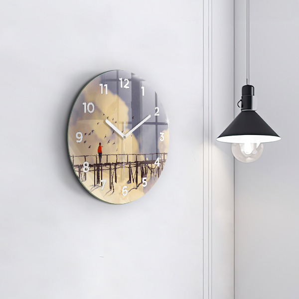 Round glass wall clock Man on the old bridge